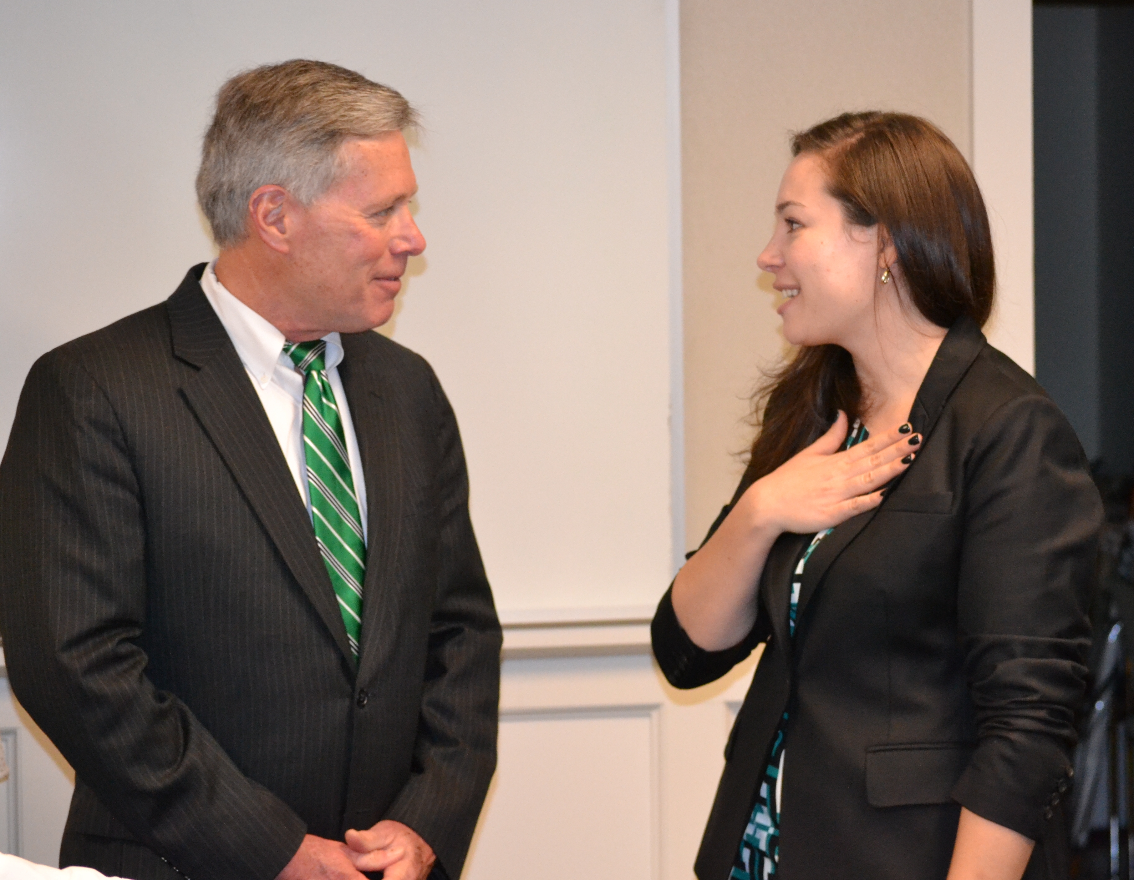 Delta State President William N. LaForge visits with Mackenzie Smith, Director of Institute Operations for Teach For America’s Delta Institute.